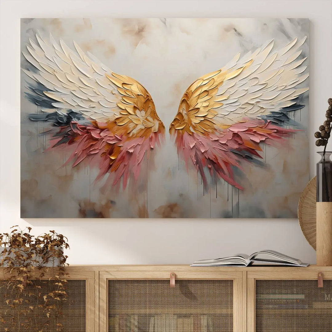 The "Golden Angel Wings Wall Art Canvas Print – Stunning Abstract Winged Art for Elegant Home Decor – Ready to Hang" adorns the dark wall above, showcasing an elegant triptych with abstract gold and pink hues.