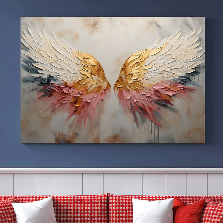 The "Golden Angel Wings Wall Art Canvas Print – Stunning Abstract Winged Art for Elegant Home Decor – Ready to Hang" adorns the dark wall above, showcasing an elegant triptych with abstract gold and pink hues.