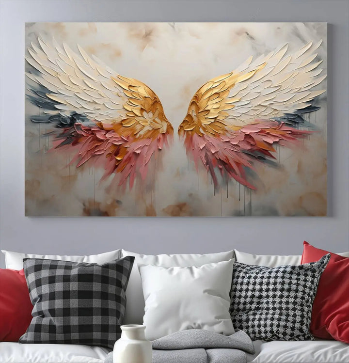 The "Golden Angel Wings Wall Art Canvas Print – Stunning Abstract Winged Art for Elegant Home Decor – Ready to Hang" adorns the dark wall above, showcasing an elegant triptych with abstract gold and pink hues.