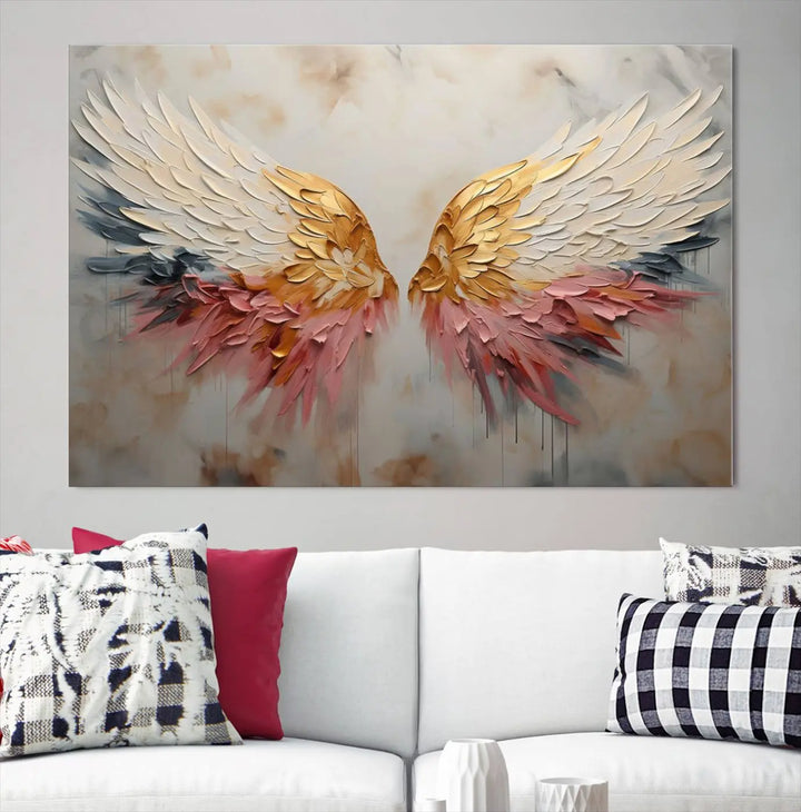 The "Golden Angel Wings Wall Art Canvas Print – Stunning Abstract Winged Art for Elegant Home Decor – Ready to Hang" adorns the dark wall above, showcasing an elegant triptych with abstract gold and pink hues.