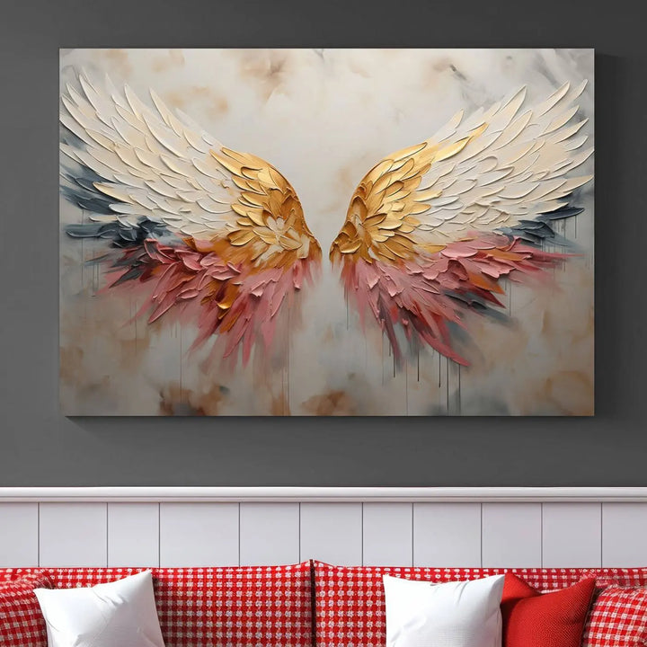 The "Golden Angel Wings Wall Art Canvas Print – Stunning Abstract Winged Art for Elegant Home Decor – Ready to Hang" adorns the dark wall above, showcasing an elegant triptych with abstract gold and pink hues.