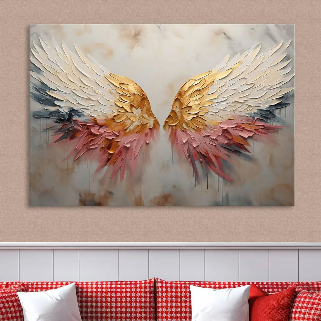 The "Golden Angel Wings Wall Art Canvas Print – Stunning Abstract Winged Art for Elegant Home Decor – Ready to Hang" adorns the dark wall above, showcasing an elegant triptych with abstract gold and pink hues.