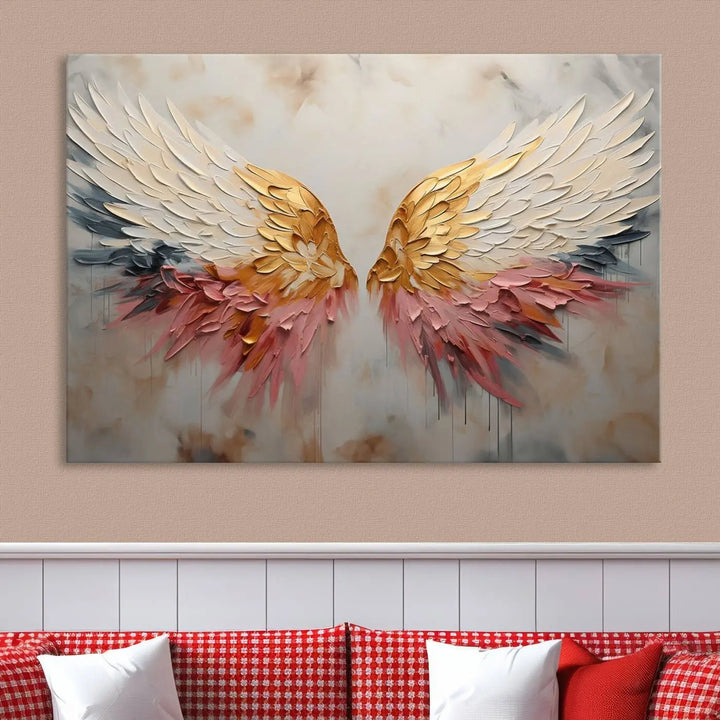 The "Golden Angel Wings Wall Art Canvas Print – Stunning Abstract Winged Art for Elegant Home Decor – Ready to Hang" adorns the dark wall above, showcasing an elegant triptych with abstract gold and pink hues.