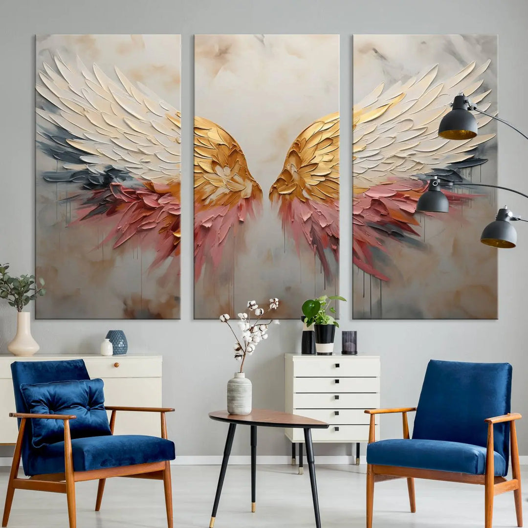 The "Golden Angel Wings Wall Art Canvas Print – Stunning Abstract Winged Art for Elegant Home Decor – Ready to Hang" adorns the dark wall above, showcasing an elegant triptych with abstract gold and pink hues.