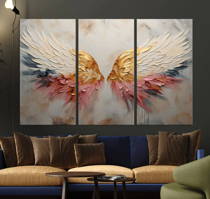 The "Golden Angel Wings Wall Art Canvas Print – Stunning Abstract Winged Art for Elegant Home Decor – Ready to Hang" adorns the dark wall above, showcasing an elegant triptych with abstract gold and pink hues.