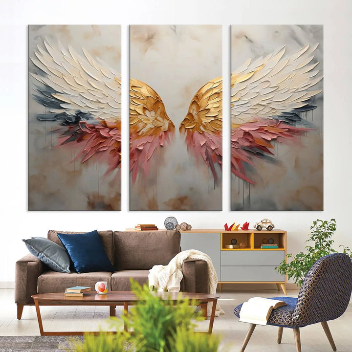 The "Golden Angel Wings Wall Art Canvas Print – Stunning Abstract Winged Art for Elegant Home Decor – Ready to Hang" adorns the dark wall above, showcasing an elegant triptych with abstract gold and pink hues.