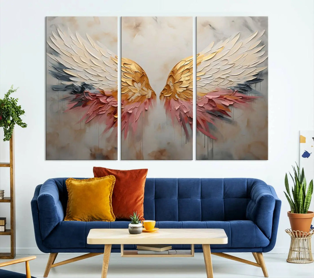 The "Golden Angel Wings Wall Art Canvas Print – Stunning Abstract Winged Art for Elegant Home Decor – Ready to Hang" adorns the dark wall above, showcasing an elegant triptych with abstract gold and pink hues.