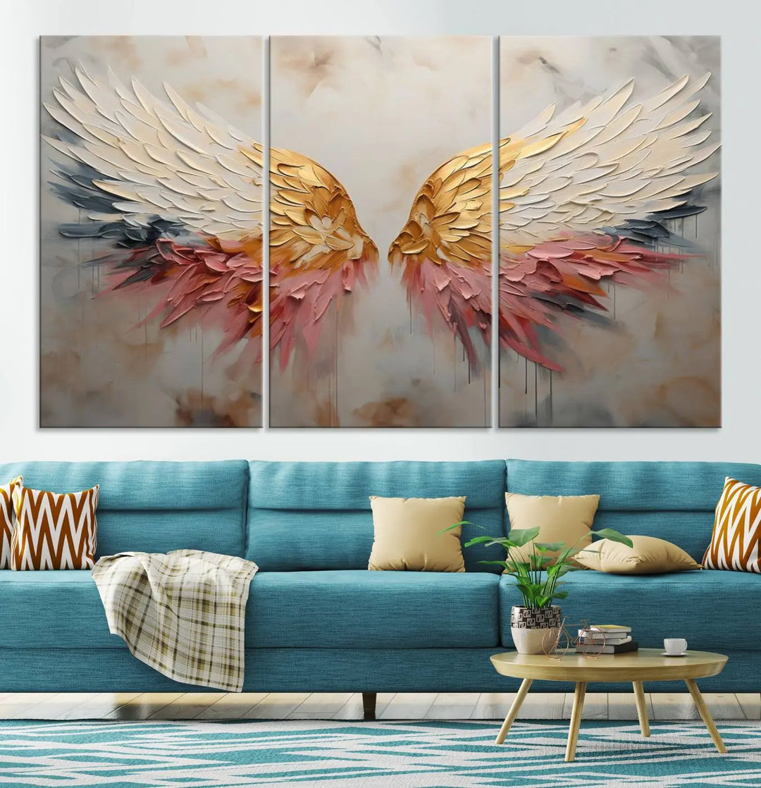 The "Golden Angel Wings Wall Art Canvas Print – Stunning Abstract Winged Art for Elegant Home Decor – Ready to Hang" adorns the dark wall above, showcasing an elegant triptych with abstract gold and pink hues.