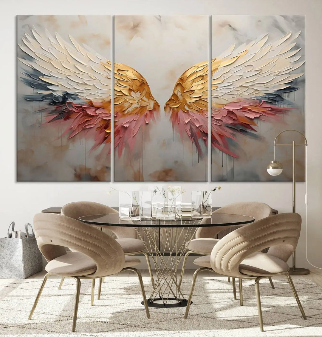 The "Golden Angel Wings Wall Art Canvas Print – Stunning Abstract Winged Art for Elegant Home Decor – Ready to Hang" adorns the dark wall above, showcasing an elegant triptych with abstract gold and pink hues.