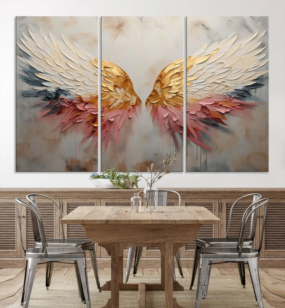 The "Golden Angel Wings Wall Art Canvas Print – Stunning Abstract Winged Art for Elegant Home Decor – Ready to Hang" adorns the dark wall above, showcasing an elegant triptych with abstract gold and pink hues.