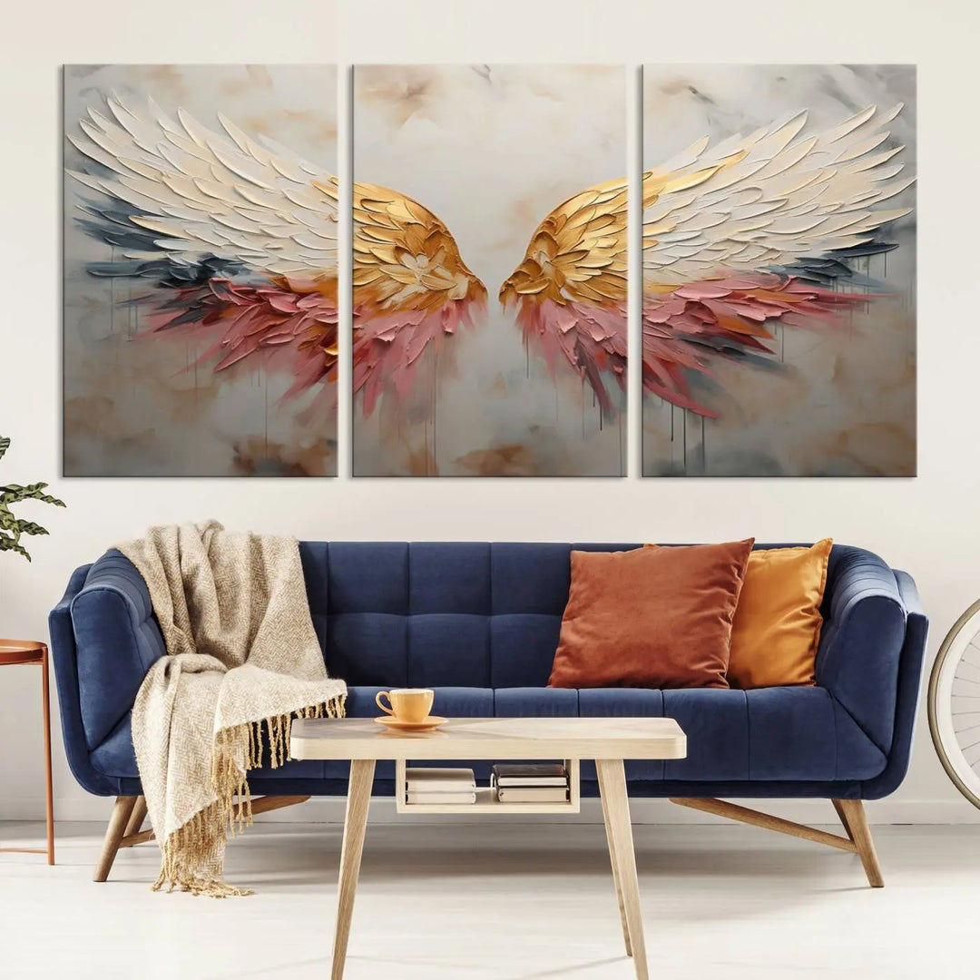 The "Golden Angel Wings Wall Art Canvas Print – Stunning Abstract Winged Art for Elegant Home Decor – Ready to Hang" adorns the dark wall above, showcasing an elegant triptych with abstract gold and pink hues.