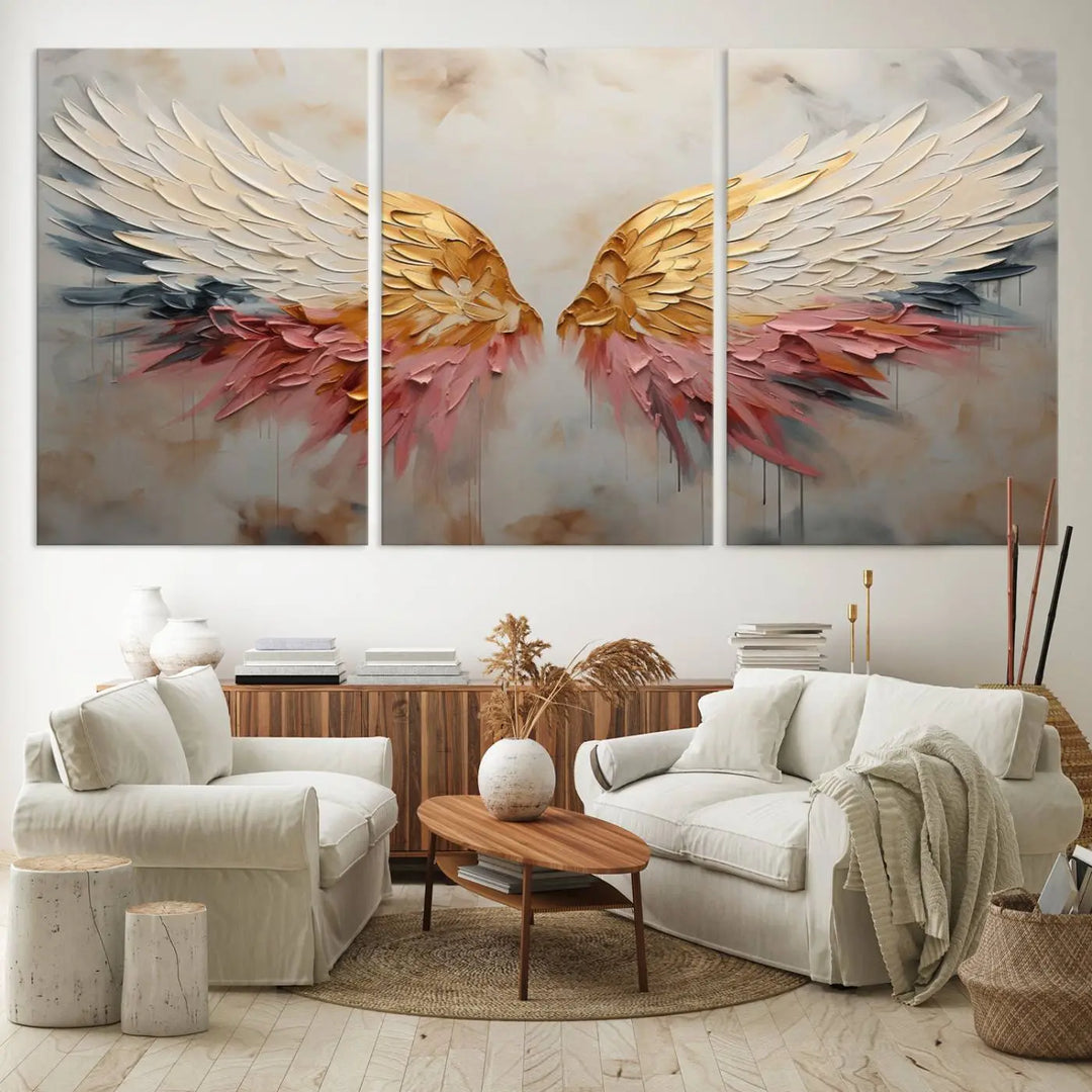 The "Golden Angel Wings Wall Art Canvas Print – Stunning Abstract Winged Art for Elegant Home Decor – Ready to Hang" adorns the dark wall above, showcasing an elegant triptych with abstract gold and pink hues.