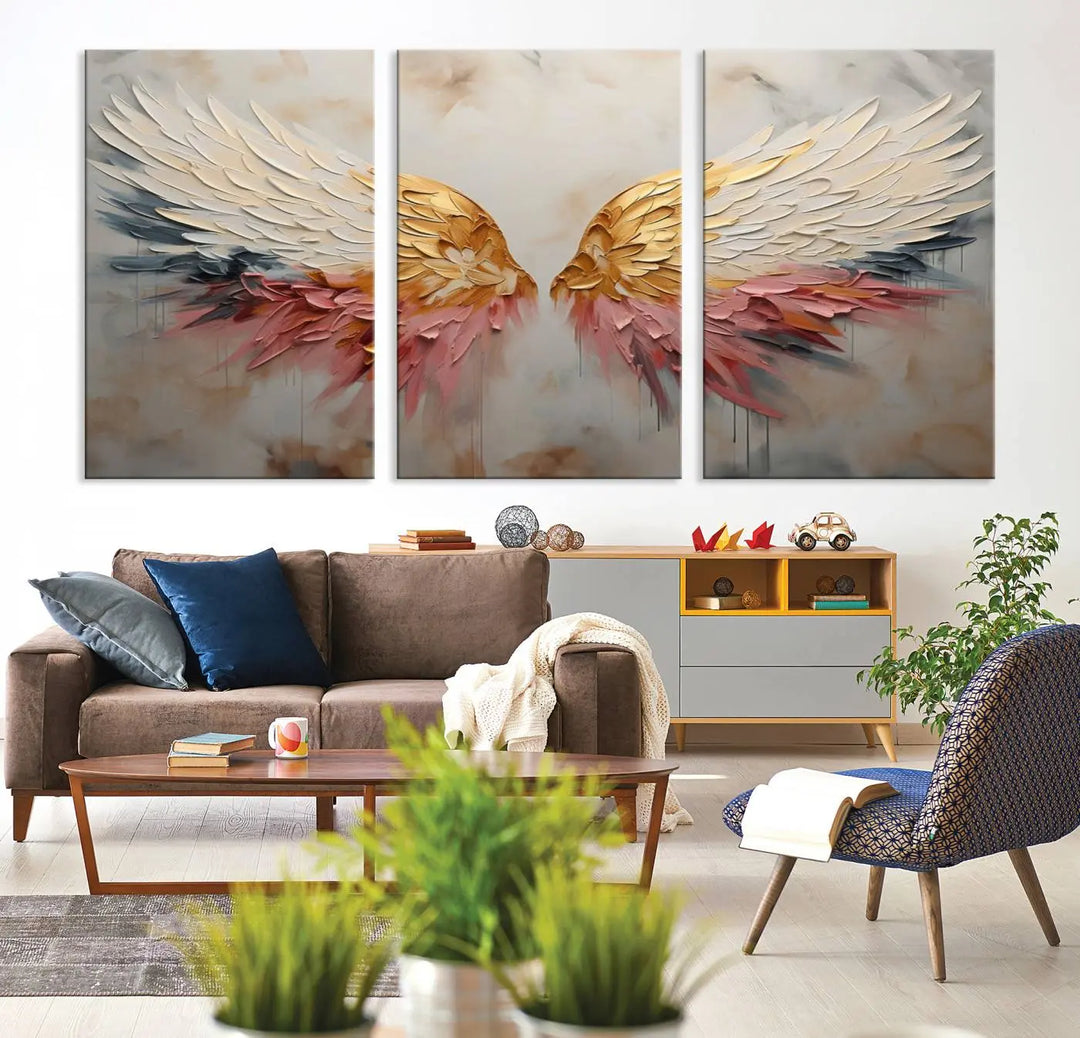 The "Golden Angel Wings Wall Art Canvas Print – Stunning Abstract Winged Art for Elegant Home Decor – Ready to Hang" adorns the dark wall above, showcasing an elegant triptych with abstract gold and pink hues.