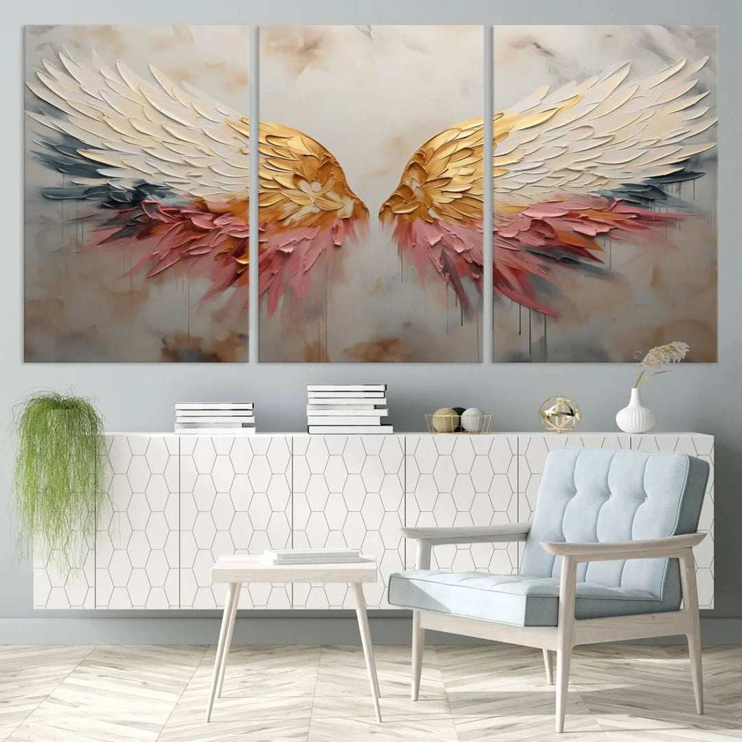 The "Golden Angel Wings Wall Art Canvas Print – Stunning Abstract Winged Art for Elegant Home Decor – Ready to Hang" adorns the dark wall above, showcasing an elegant triptych with abstract gold and pink hues.