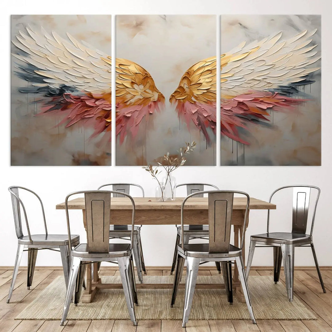 The "Golden Angel Wings Wall Art Canvas Print – Stunning Abstract Winged Art for Elegant Home Decor – Ready to Hang" adorns the dark wall above, showcasing an elegant triptych with abstract gold and pink hues.