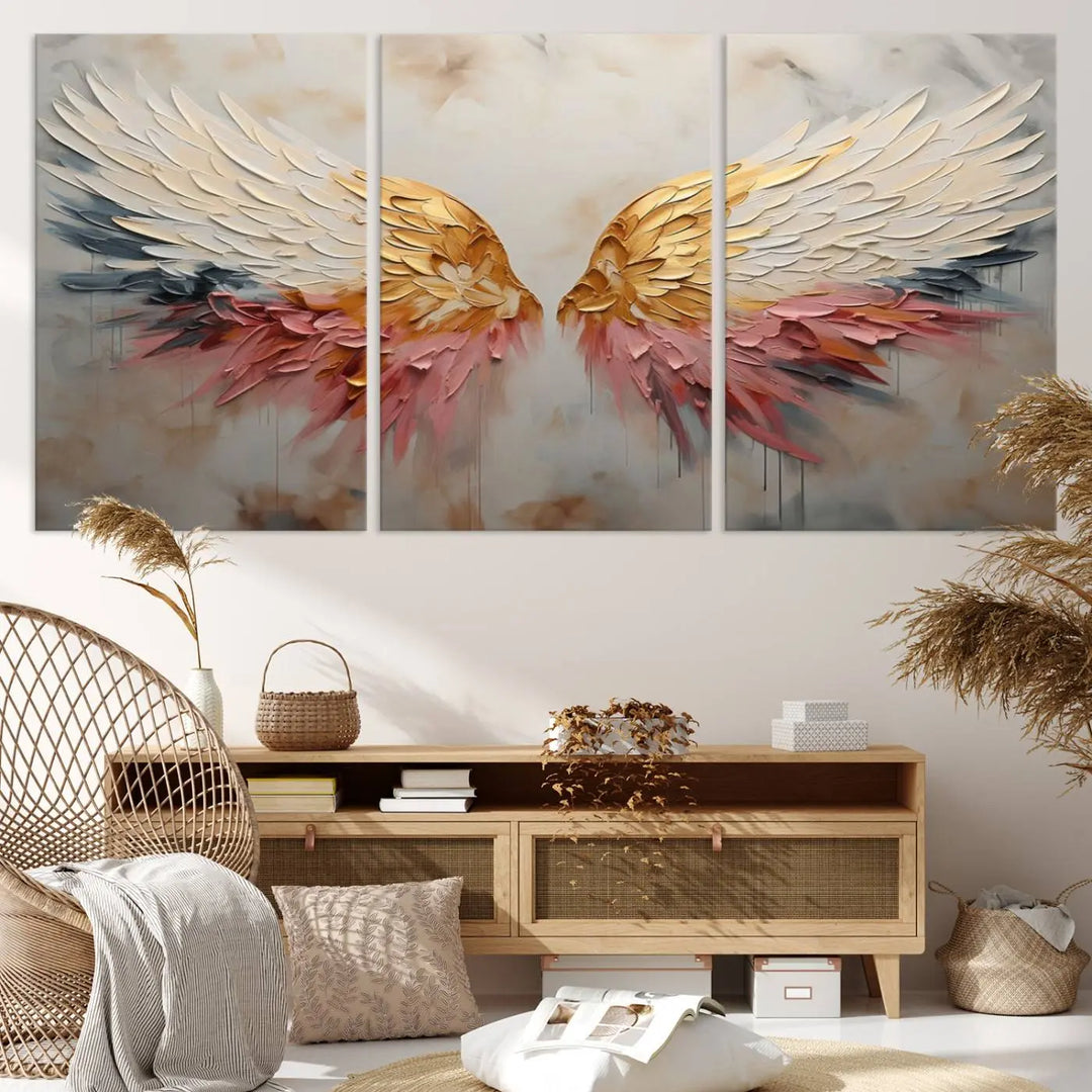 The "Golden Angel Wings Wall Art Canvas Print – Stunning Abstract Winged Art for Elegant Home Decor – Ready to Hang" adorns the dark wall above, showcasing an elegant triptych with abstract gold and pink hues.