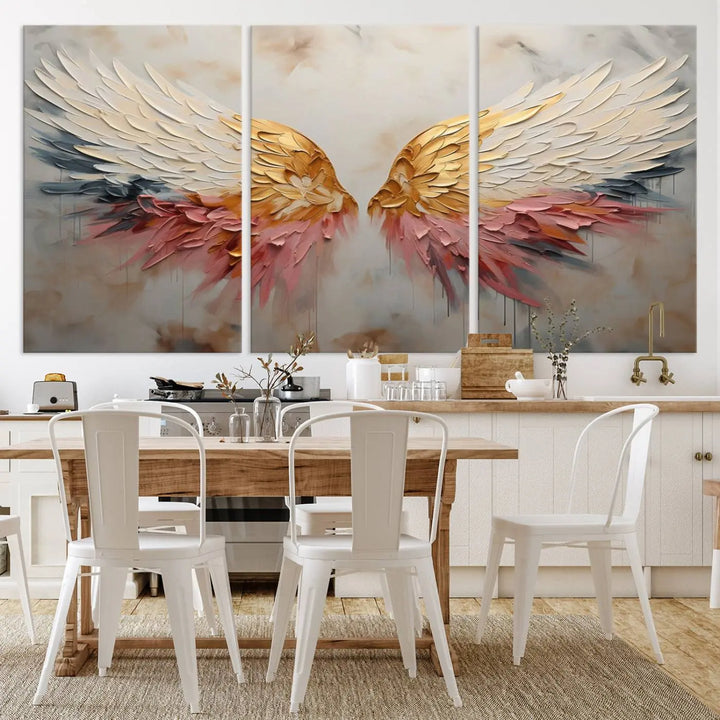 The "Golden Angel Wings Wall Art Canvas Print – Stunning Abstract Winged Art for Elegant Home Decor – Ready to Hang" adorns the dark wall above, showcasing an elegant triptych with abstract gold and pink hues.