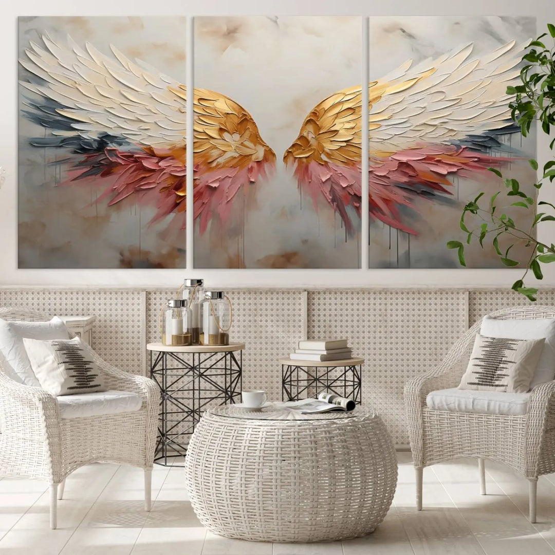 The "Golden Angel Wings Wall Art Canvas Print – Stunning Abstract Winged Art for Elegant Home Decor – Ready to Hang" adorns the dark wall above, showcasing an elegant triptych with abstract gold and pink hues.