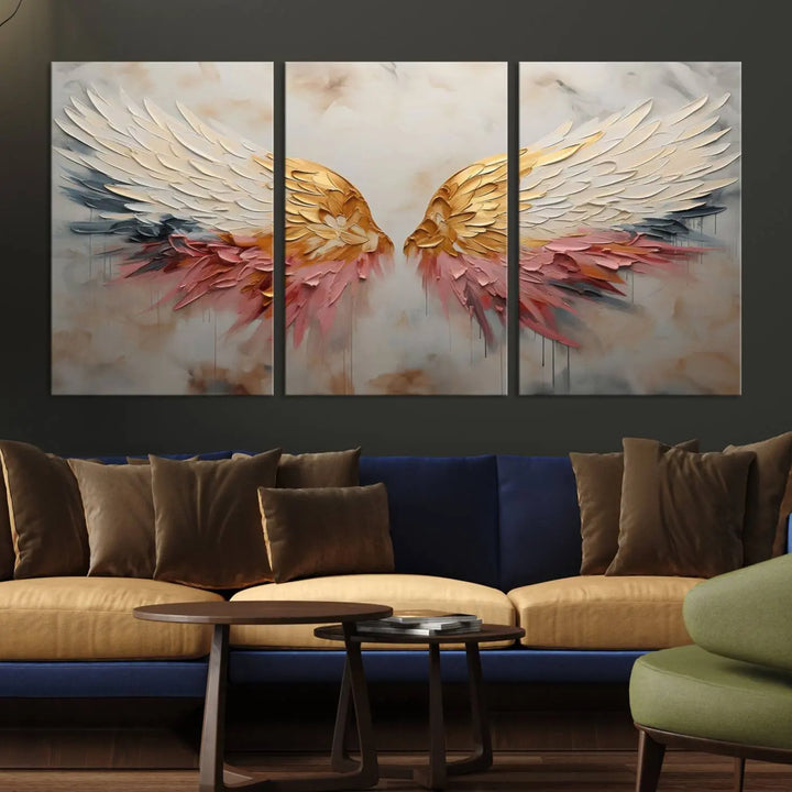 The "Golden Angel Wings Wall Art Canvas Print – Stunning Abstract Winged Art for Elegant Home Decor – Ready to Hang" adorns the dark wall above, showcasing an elegant triptych with abstract gold and pink hues.