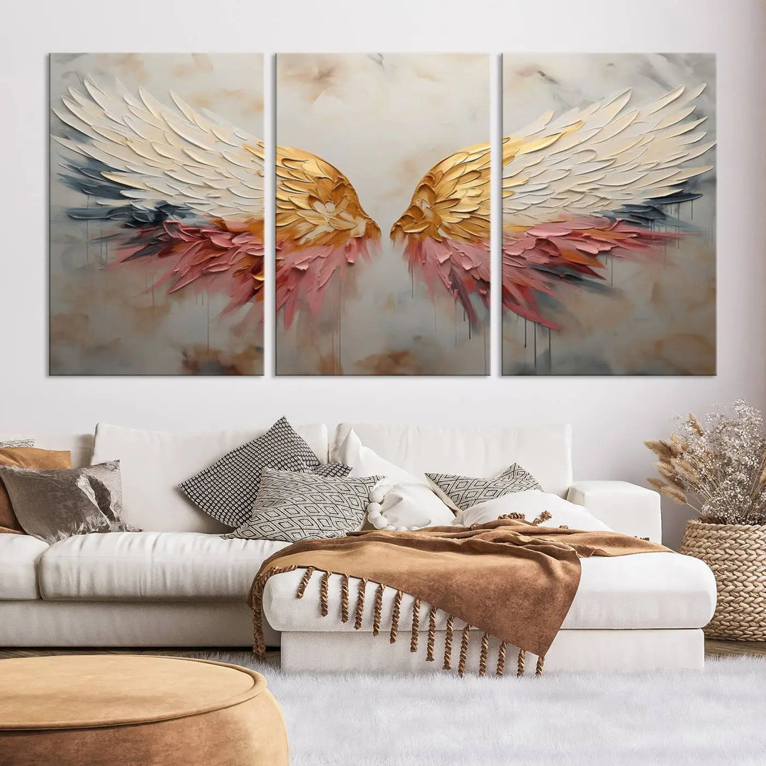 The "Golden Angel Wings Wall Art Canvas Print – Stunning Abstract Winged Art for Elegant Home Decor – Ready to Hang" adorns the dark wall above, showcasing an elegant triptych with abstract gold and pink hues.