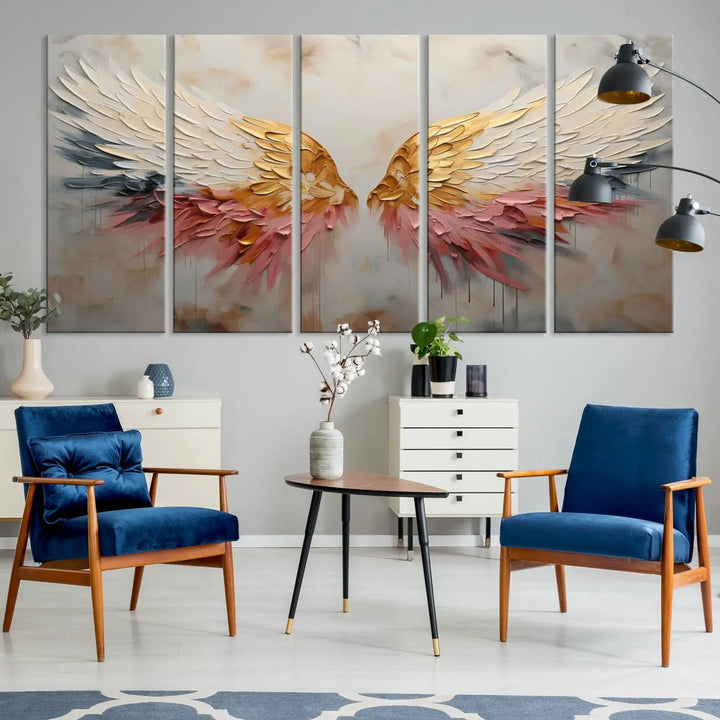 The "Golden Angel Wings Wall Art Canvas Print – Stunning Abstract Winged Art for Elegant Home Decor – Ready to Hang" adorns the dark wall above, showcasing an elegant triptych with abstract gold and pink hues.