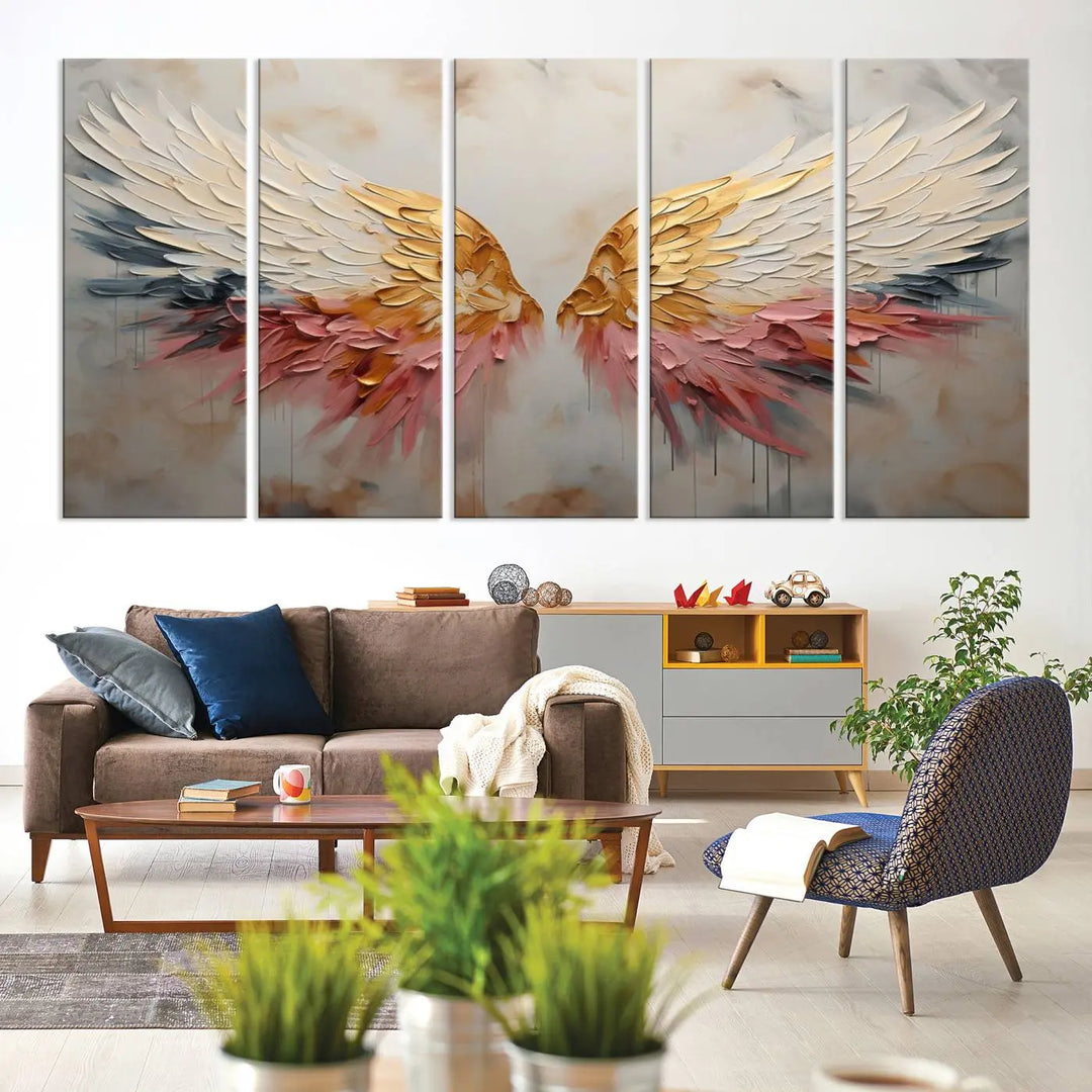 The "Golden Angel Wings Wall Art Canvas Print – Stunning Abstract Winged Art for Elegant Home Decor – Ready to Hang" adorns the dark wall above, showcasing an elegant triptych with abstract gold and pink hues.