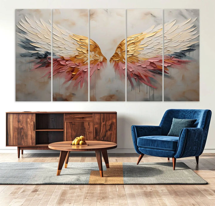 The "Golden Angel Wings Wall Art Canvas Print – Stunning Abstract Winged Art for Elegant Home Decor – Ready to Hang" adorns the dark wall above, showcasing an elegant triptych with abstract gold and pink hues.