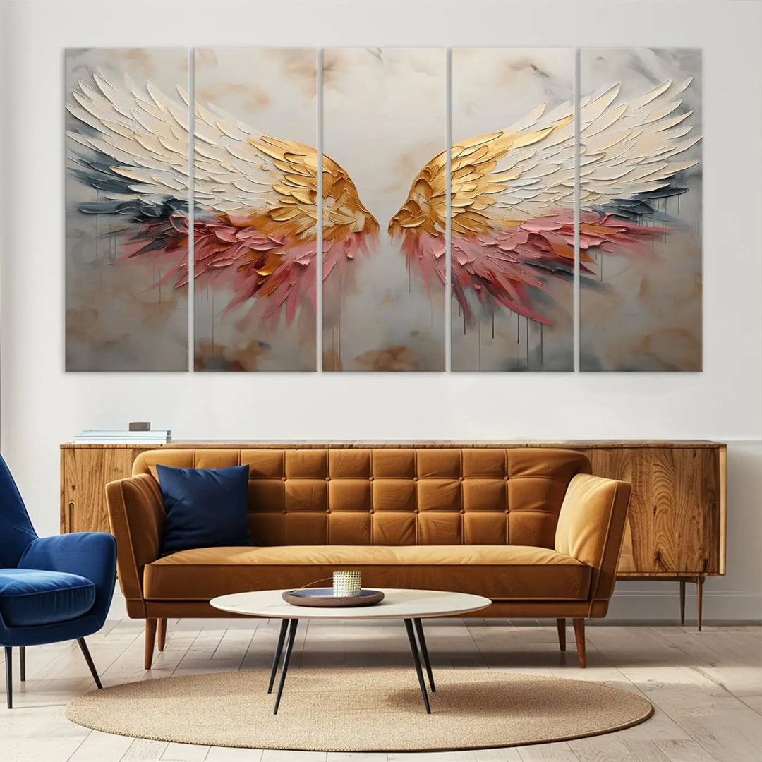 The "Golden Angel Wings Wall Art Canvas Print – Stunning Abstract Winged Art for Elegant Home Decor – Ready to Hang" adorns the dark wall above, showcasing an elegant triptych with abstract gold and pink hues.