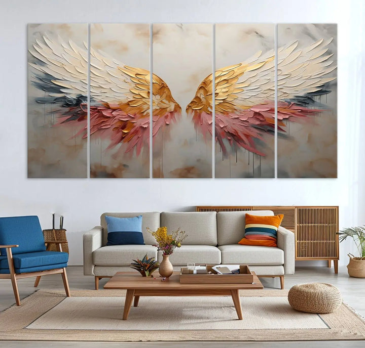 The "Golden Angel Wings Wall Art Canvas Print – Stunning Abstract Winged Art for Elegant Home Decor – Ready to Hang" adorns the dark wall above, showcasing an elegant triptych with abstract gold and pink hues.