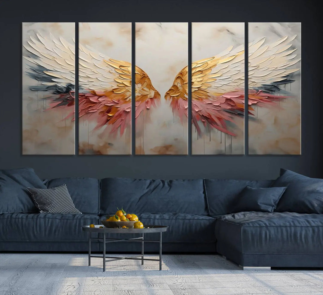 The "Golden Angel Wings Wall Art Canvas Print – Stunning Abstract Winged Art for Elegant Home Decor – Ready to Hang" adorns the dark wall above, showcasing an elegant triptych with abstract gold and pink hues.