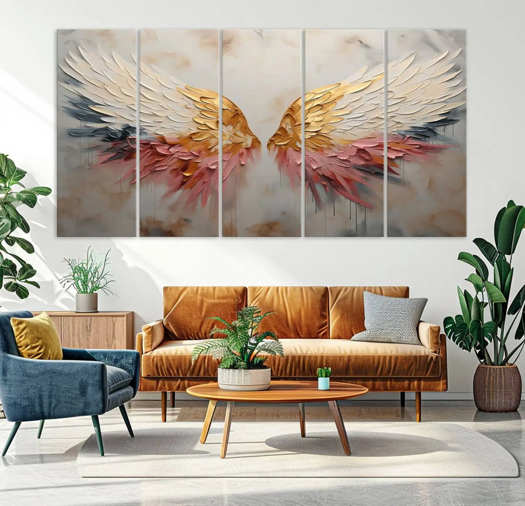 The "Golden Angel Wings Wall Art Canvas Print – Stunning Abstract Winged Art for Elegant Home Decor – Ready to Hang" adorns the dark wall above, showcasing an elegant triptych with abstract gold and pink hues.