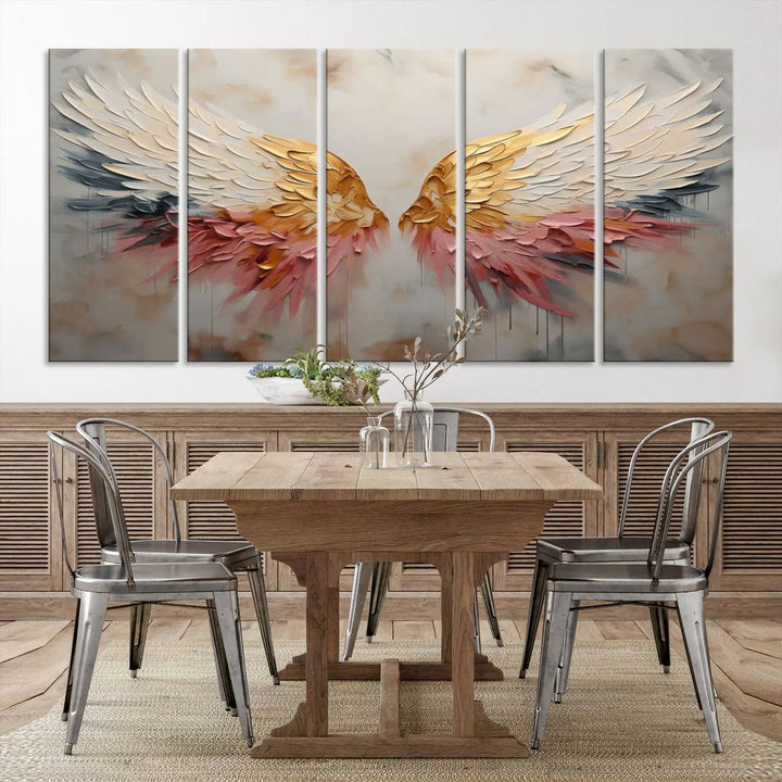 The "Golden Angel Wings Wall Art Canvas Print – Stunning Abstract Winged Art for Elegant Home Decor – Ready to Hang" adorns the dark wall above, showcasing an elegant triptych with abstract gold and pink hues.