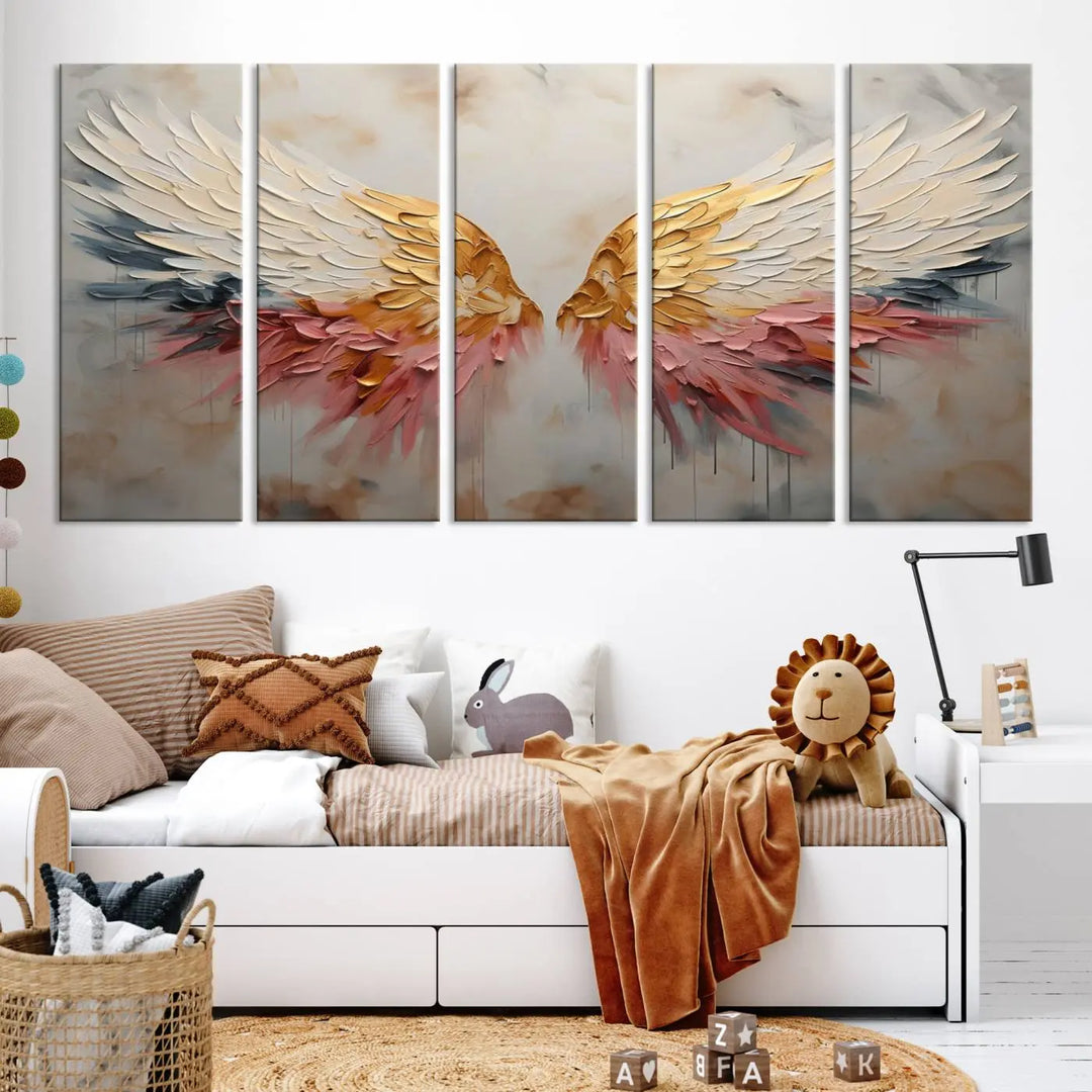 The "Golden Angel Wings Wall Art Canvas Print – Stunning Abstract Winged Art for Elegant Home Decor – Ready to Hang" adorns the dark wall above, showcasing an elegant triptych with abstract gold and pink hues.