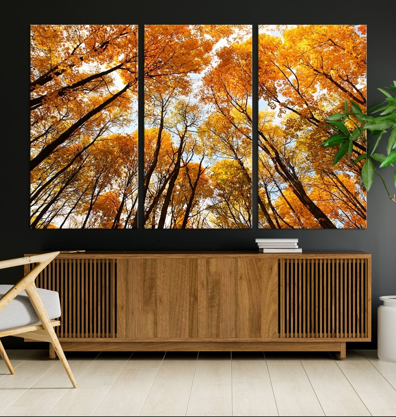 62292-MGV-CV-36X24-Golden Autumn Forest Wall Art Canvas Print – Framed Vibrant Tree Canopy with Warm Fall Foliage Artwork for Home, Office