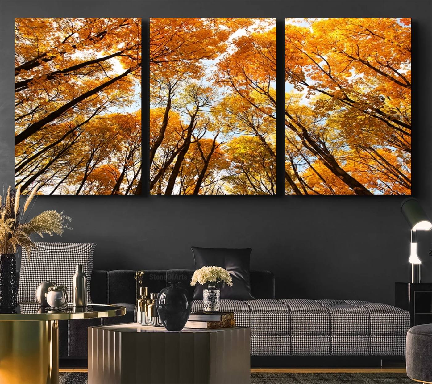 62292-MGV-CV-36X24-Golden Autumn Forest Wall Art Canvas Print – Framed Vibrant Tree Canopy with Warm Fall Foliage Artwork for Home, Office