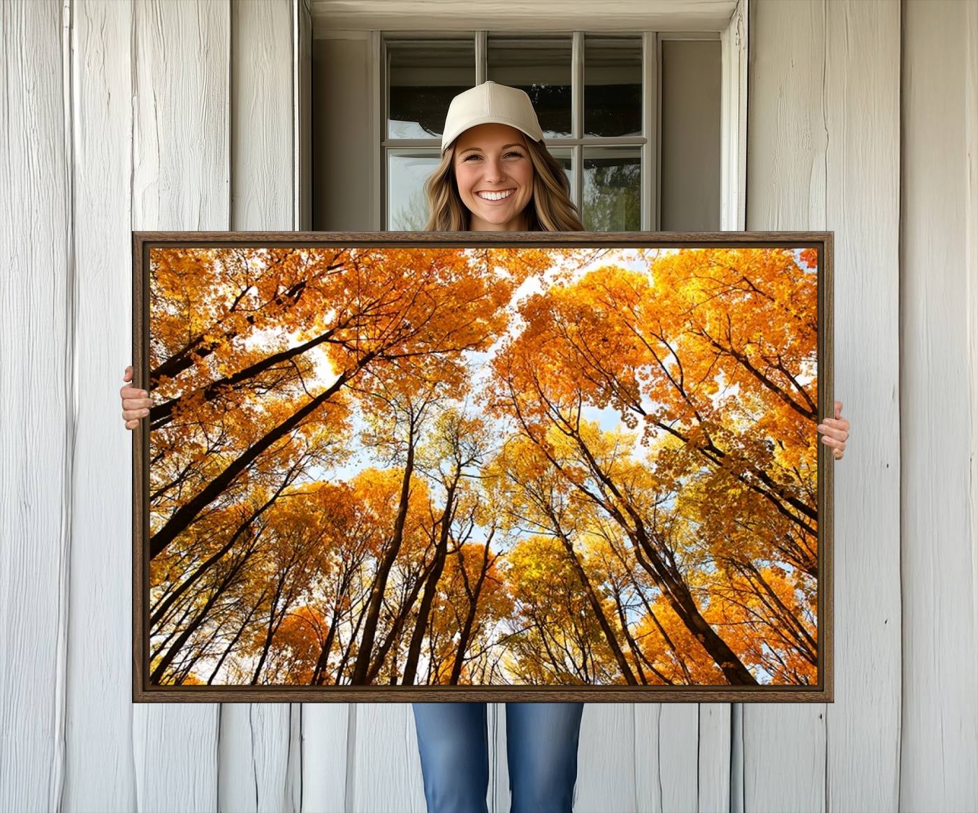 62292-MGV-CV-36X24-Golden Autumn Forest Wall Art Canvas Print – Framed Vibrant Tree Canopy with Warm Fall Foliage Artwork for Home, Office