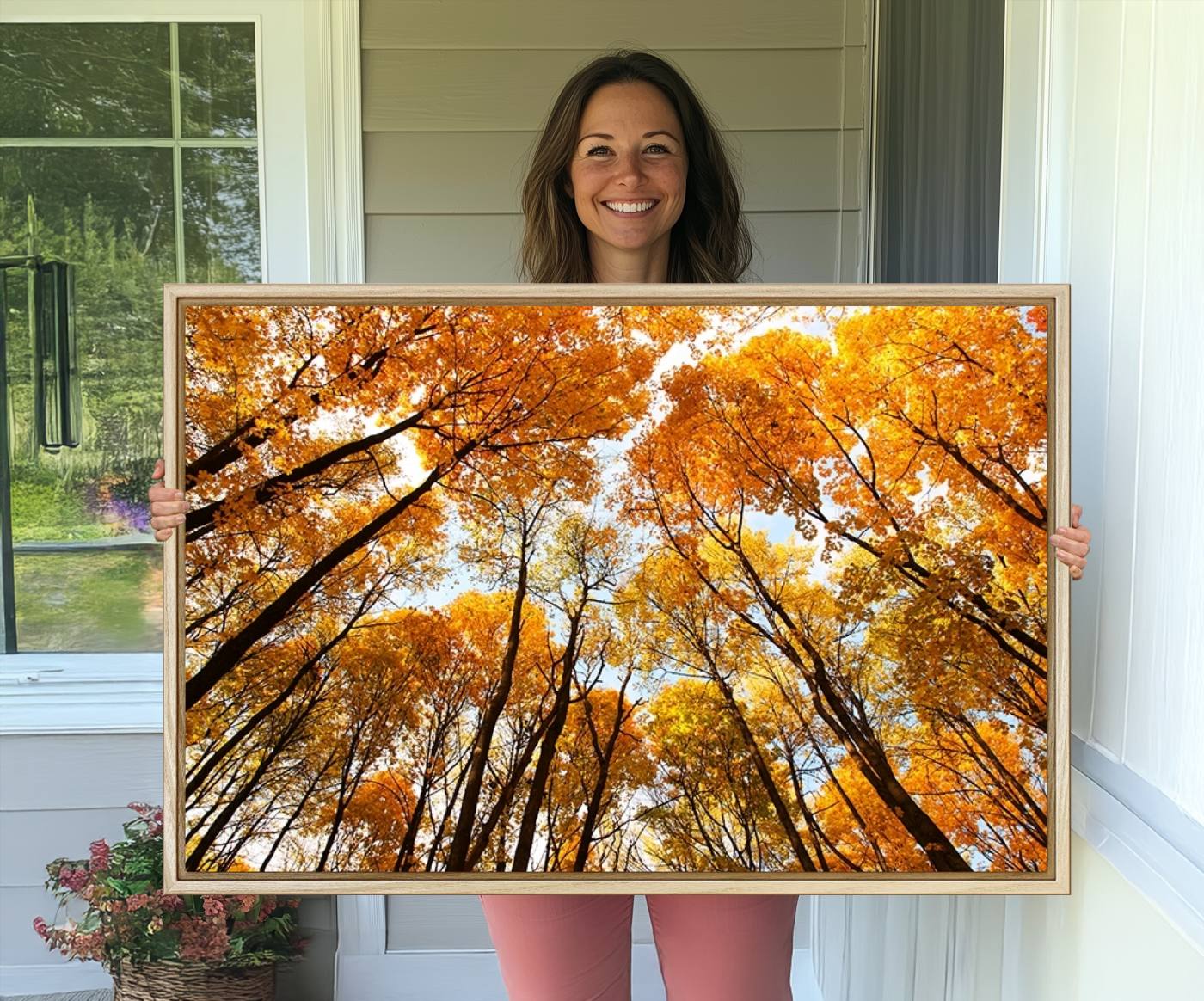 62292-MGV-CV-36X24-Golden Autumn Forest Wall Art Canvas Print – Framed Vibrant Tree Canopy with Warm Fall Foliage Artwork for Home, Office