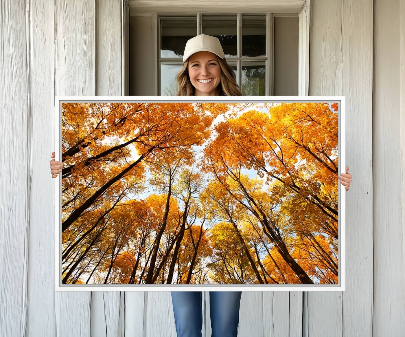 62292-MGV-CV-36X24-Golden Autumn Forest Wall Art Canvas Print – Framed Vibrant Tree Canopy with Warm Fall Foliage Artwork for Home, Office