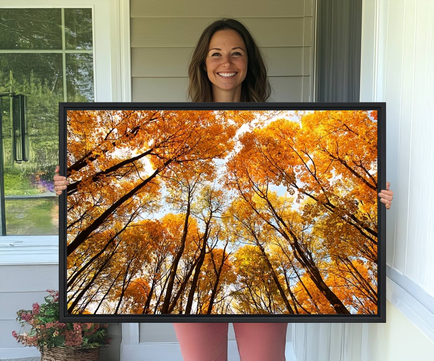 62292-MGV-CV-36X24-Golden Autumn Forest Wall Art Canvas Print – Framed Vibrant Tree Canopy with Warm Fall Foliage Artwork for Home, Office