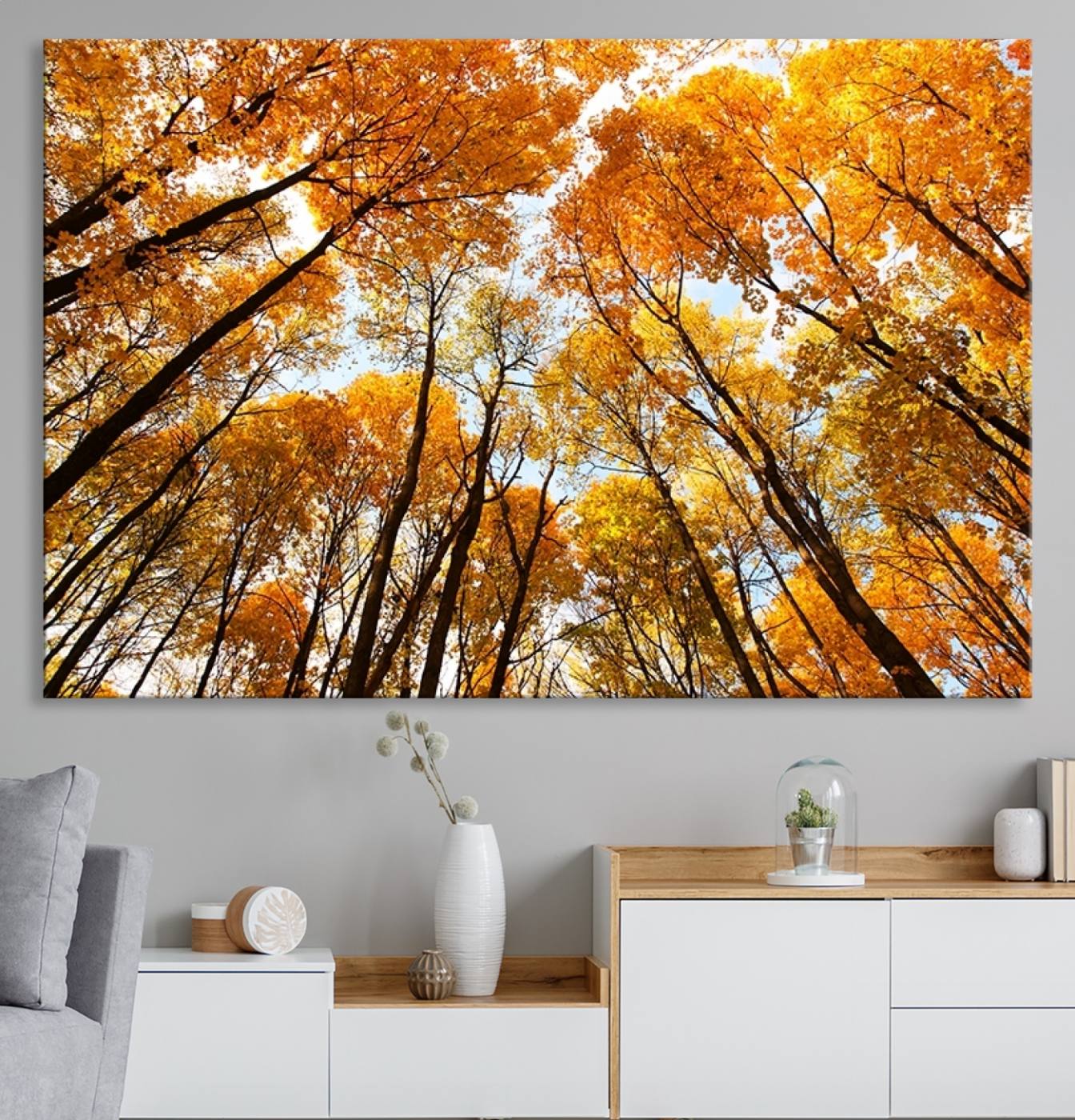 62292-MGV-CV-36X24-Golden Autumn Forest Wall Art Canvas Print – Framed Vibrant Tree Canopy with Warm Fall Foliage Artwork for Home, Office