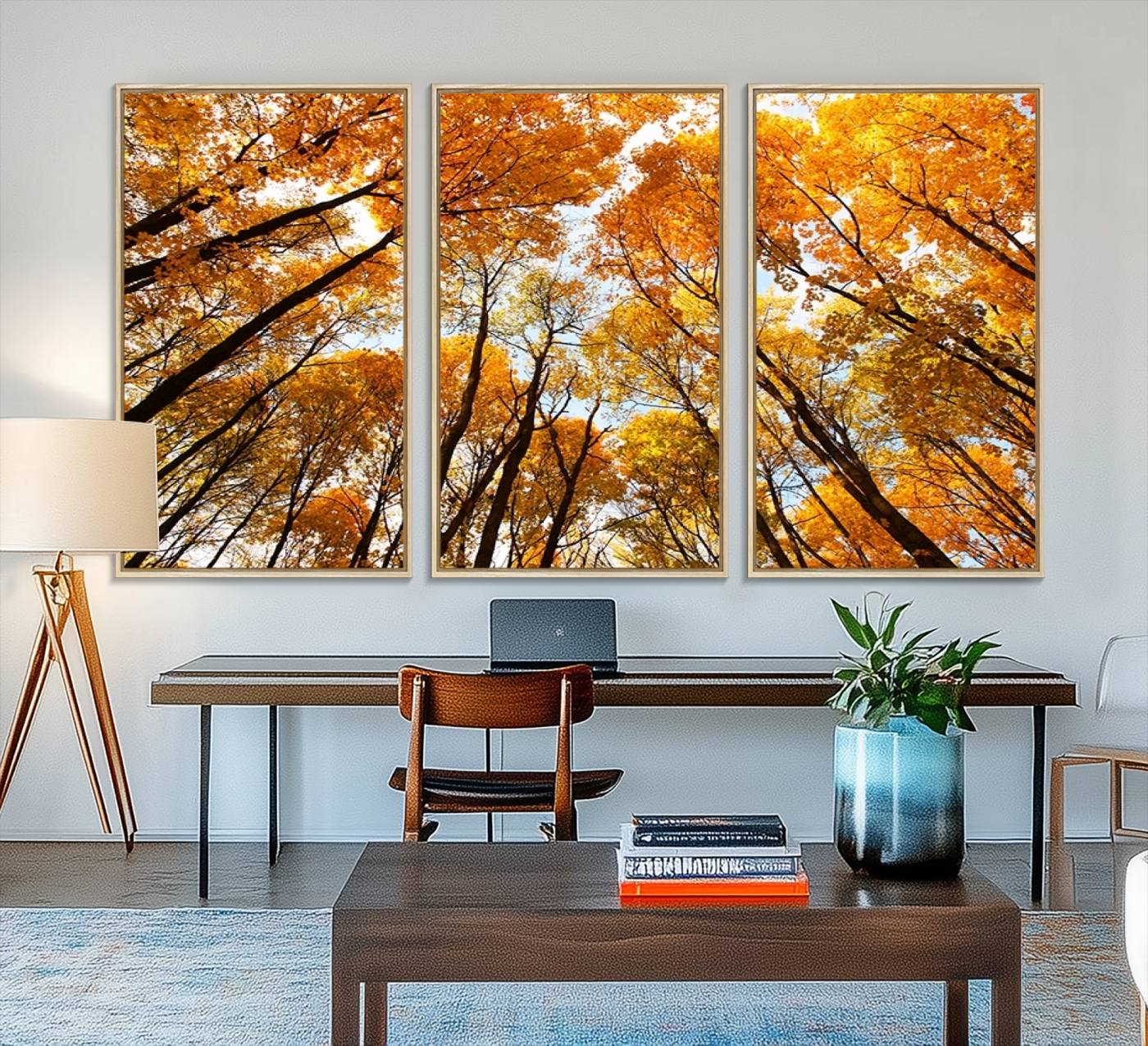 62292-MGV-FC-48X32-3P_Natural-Golden Autumn Forest Wall Art Canvas Print – Framed Vibrant Tree Canopy with Warm Fall Foliage Artwork for Home, Office