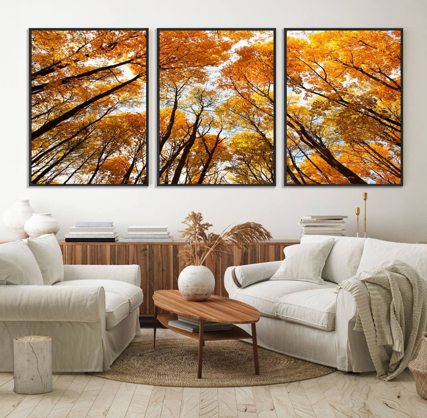 62292-MGV-FC-60X30-3P_Black-Golden Autumn Forest Wall Art Canvas Print – Framed Vibrant Tree Canopy with Warm Fall Foliage Artwork for Home, Office