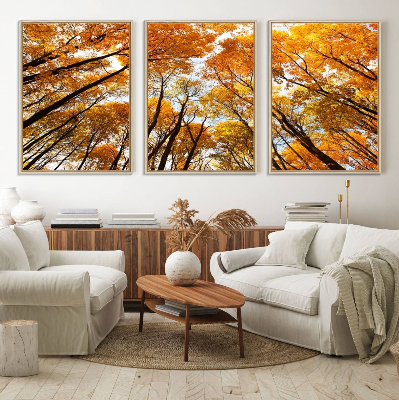62292-MGV-FC-60X30-3P_Natural-Golden Autumn Forest Wall Art Canvas Print – Framed Vibrant Tree Canopy with Warm Fall Foliage Artwork for Home, Office
