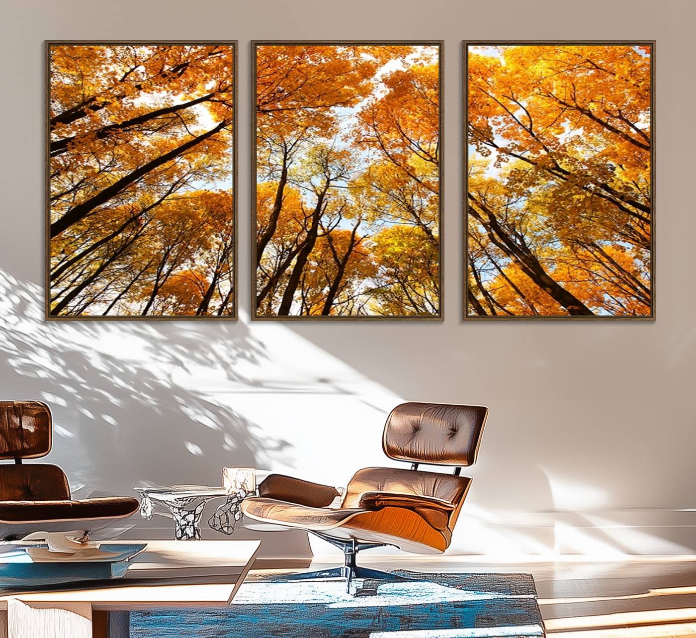 62292-MGV-FC-60X30-3P_Walnut-Golden Autumn Forest Wall Art Canvas Print – Framed Vibrant Tree Canopy with Warm Fall Foliage Artwork for Home, Office