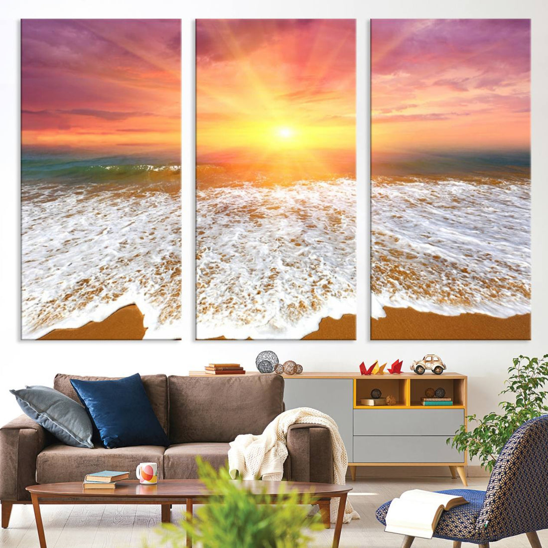 Golden Beach Sunrise Canvas Wall Art, 3-Panel Giclee Print of Ocean Waves on Sandy Shore