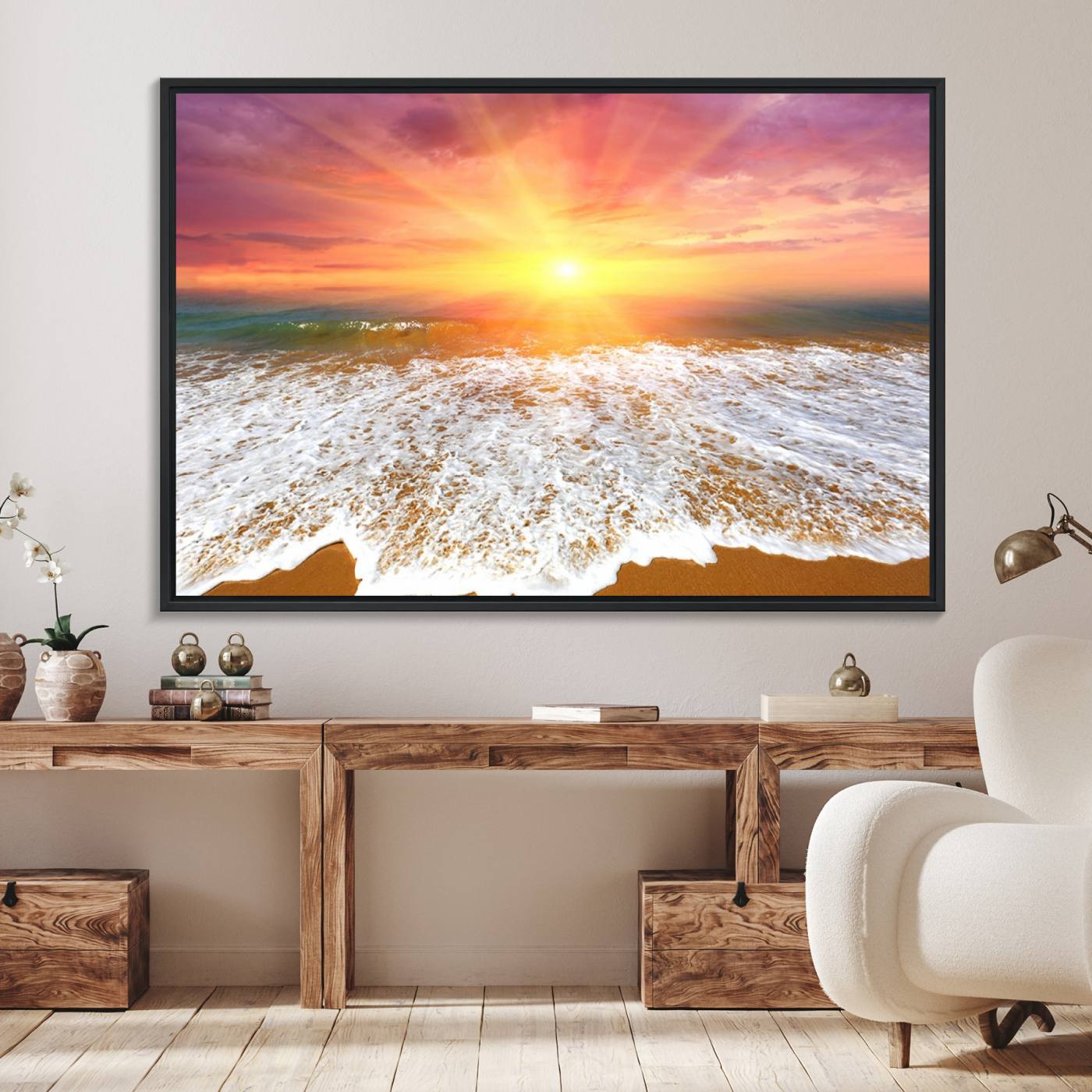 73780-MGV-FC-36X24_Black-Golden Beach Sunrise Canvas Wall Art, 3-Panel Giclee Print Featuring Ocean Waves on Sandy Shore, Vibrant Coastal Beach Decor for Home