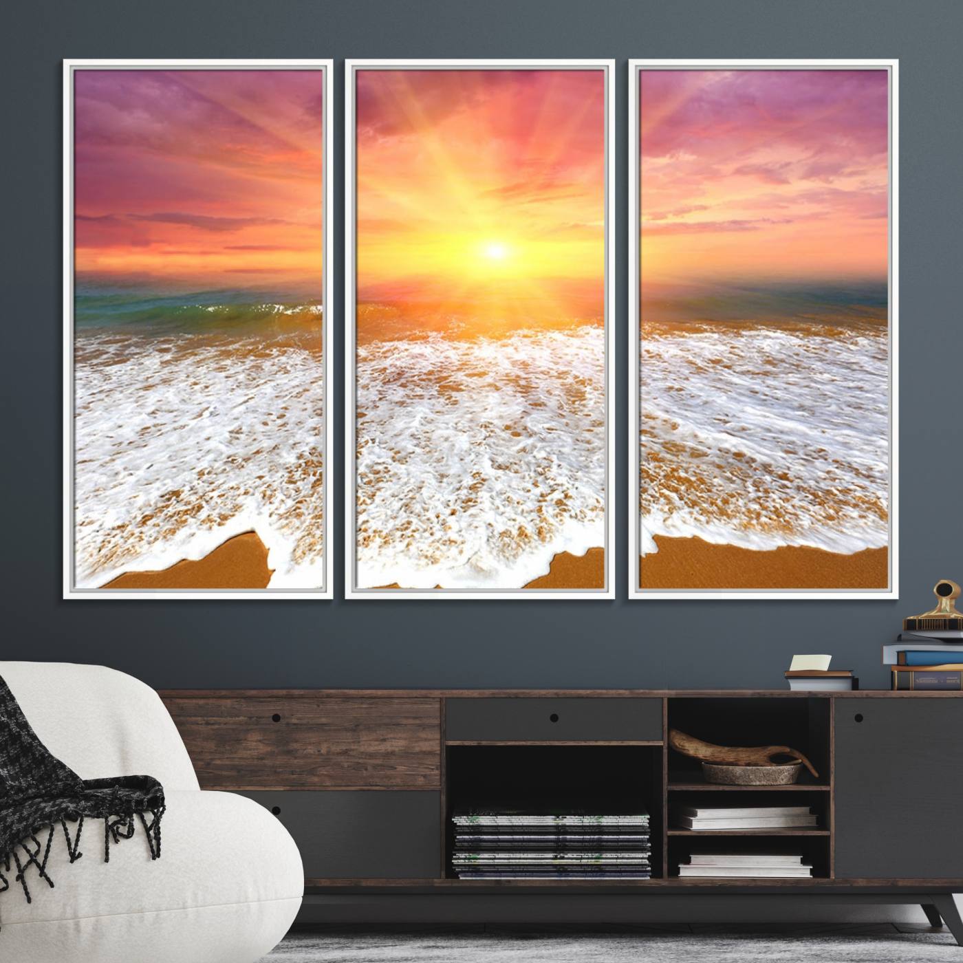 73780-MGV-FC-48X32-3P_White-Golden Beach Sunrise Canvas Wall Art, 3-Panel Giclee Print Featuring Ocean Waves on Sandy Shore, Vibrant Coastal Beach Decor for Home