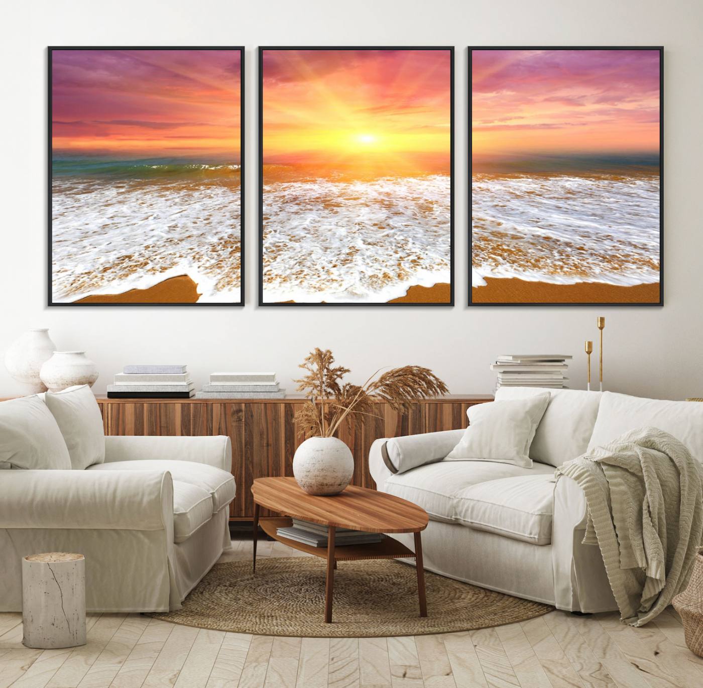 73780-MGV-FC-60X30-3P_Black-Golden Beach Sunrise Canvas Wall Art, 3-Panel Giclee Print Featuring Ocean Waves on Sandy Shore, Vibrant Coastal Beach Decor for Home