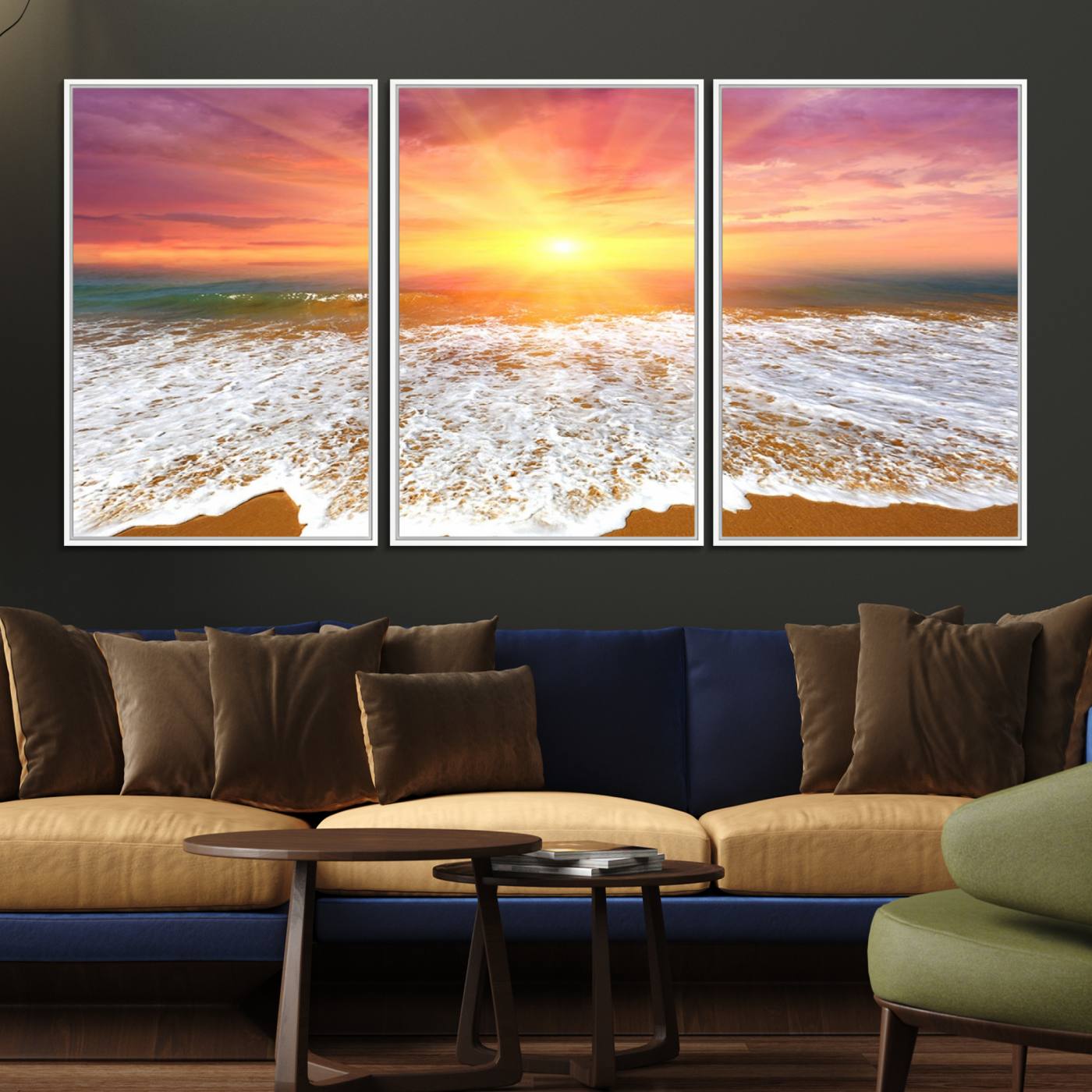 73780-MGV-FC-60X30-3P_White-Golden Beach Sunrise Canvas Wall Art, 3-Panel Giclee Print Featuring Ocean Waves on Sandy Shore, Vibrant Coastal Beach Decor for Home