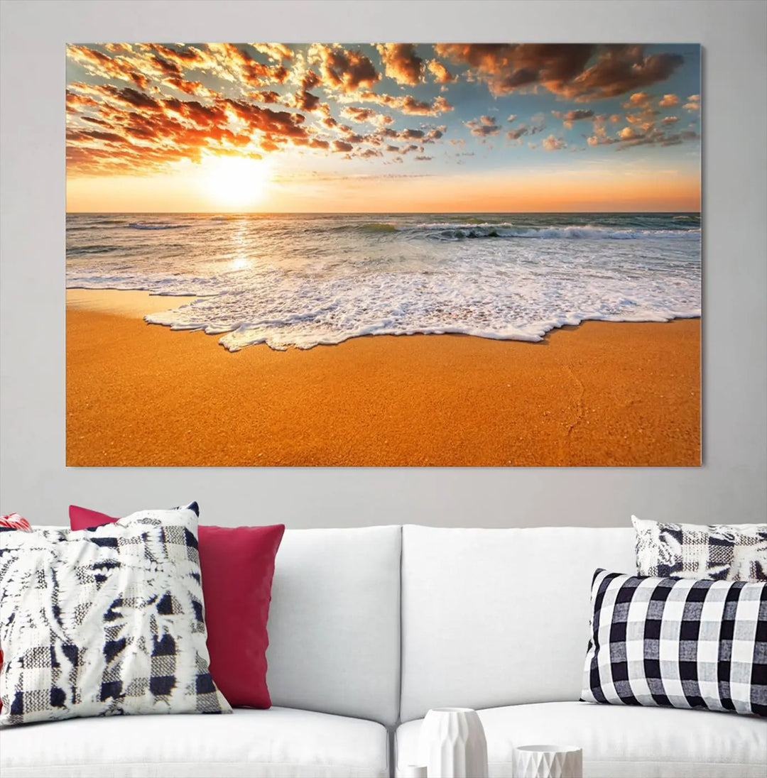 Golden Beach Sunset Canvas Art, Ocean Waves Wall Art, Giclee Canvas Print with Gallery Wrap for Coastal Home Decor